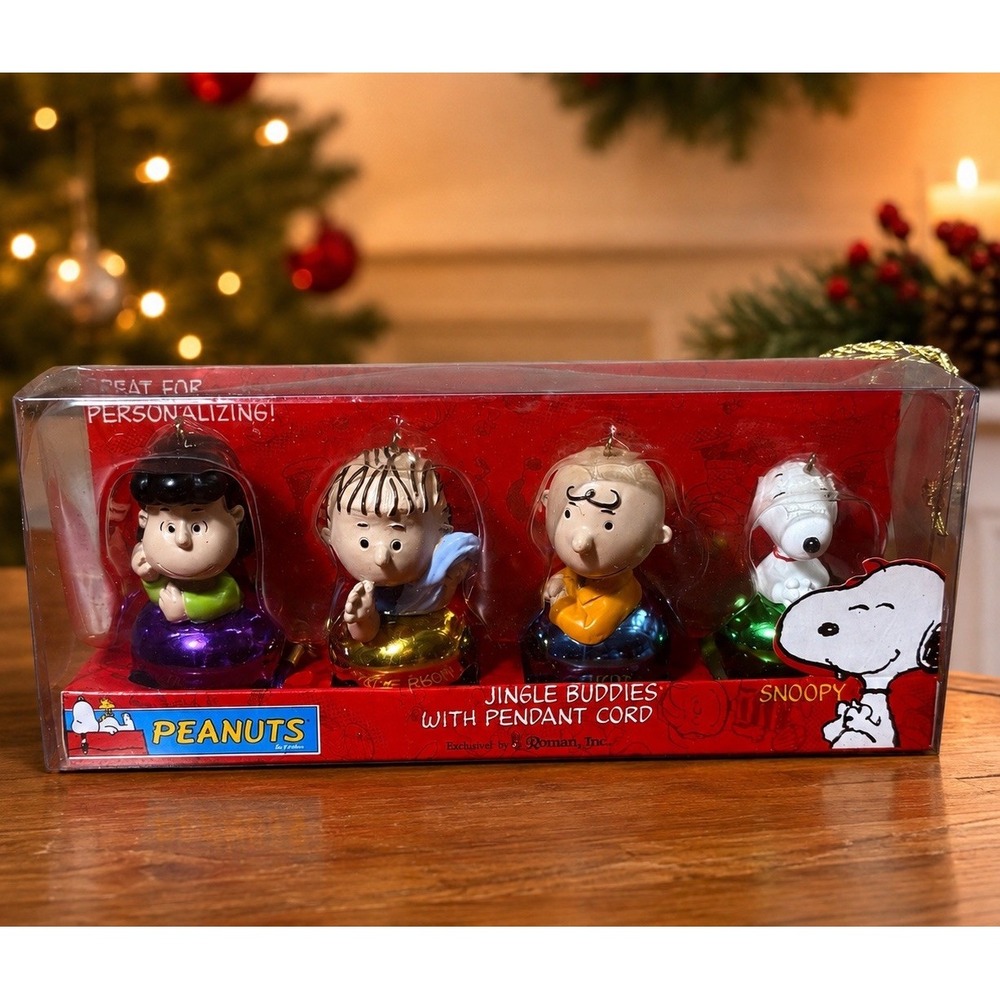 Vintage Peanuts Snoopy Jingle Buddies Bell Ornament Set 4 Roman 2004 24909 NOS